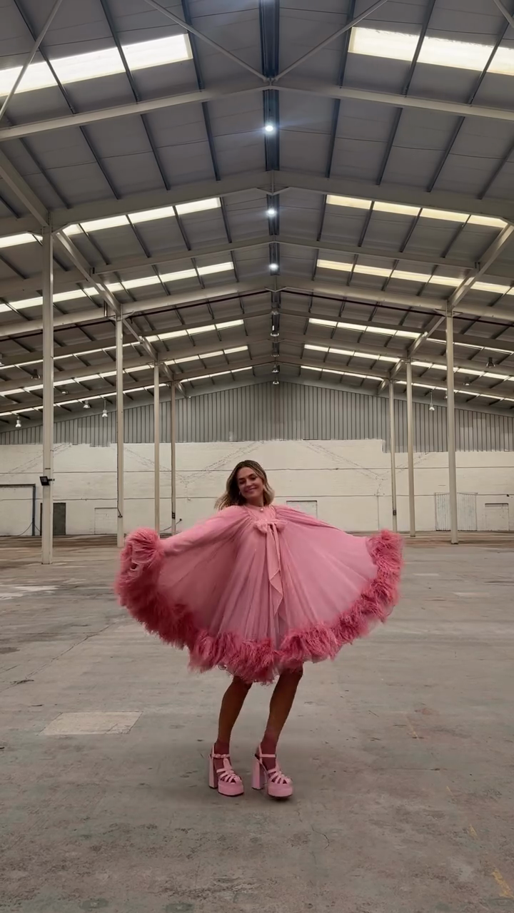 Pink Feather - Trimmed Cape Dress