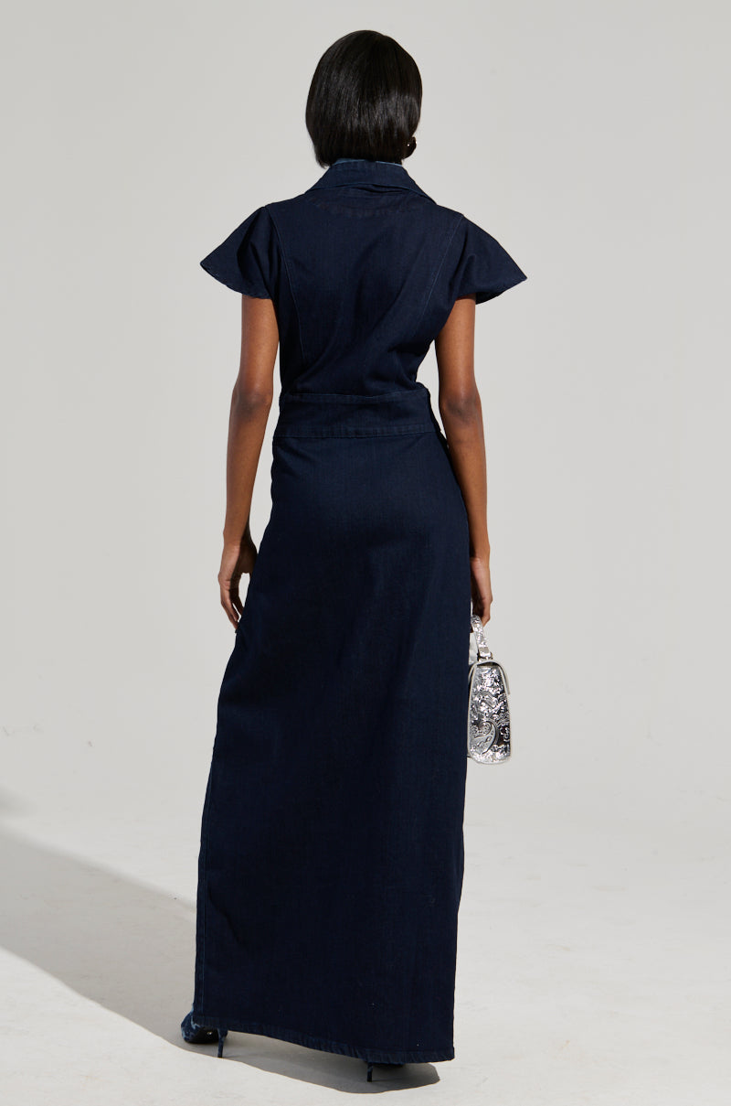 Denim Button-Up Front Slit Maxi Skirt