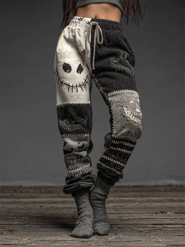 Halloween Spooky Faces Contrast Patchwork Washed Sweatpants