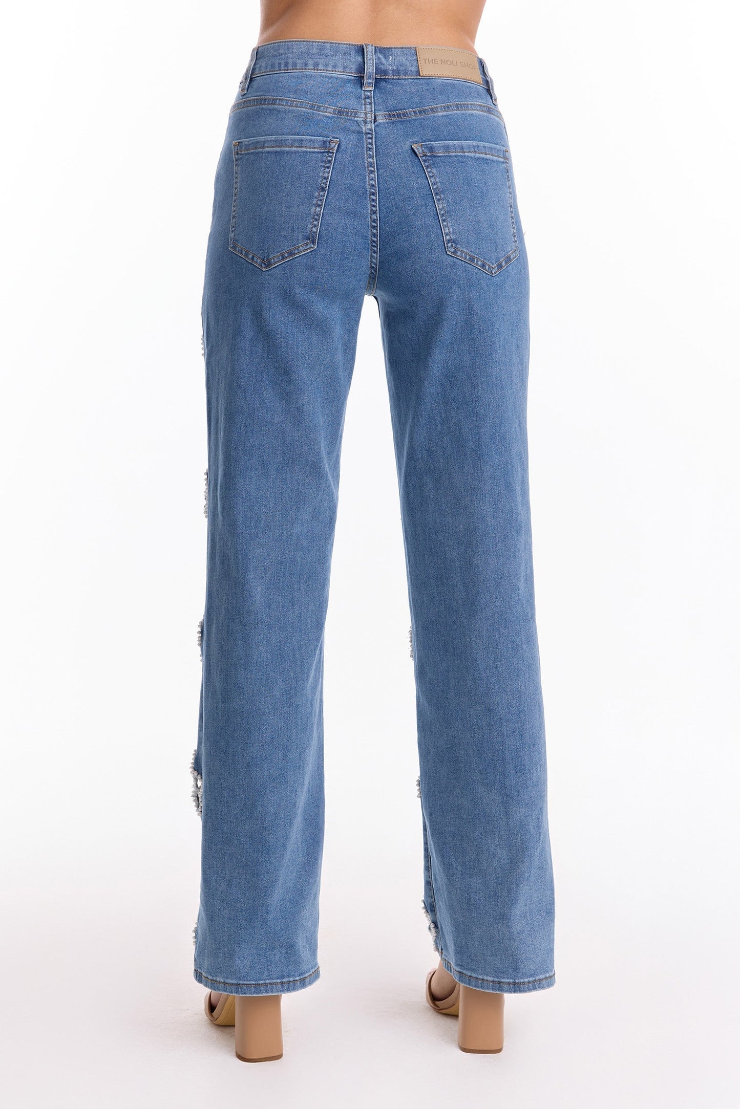 Denim Wide - Leg Jeans with Embellished Cut - Out Floral Details