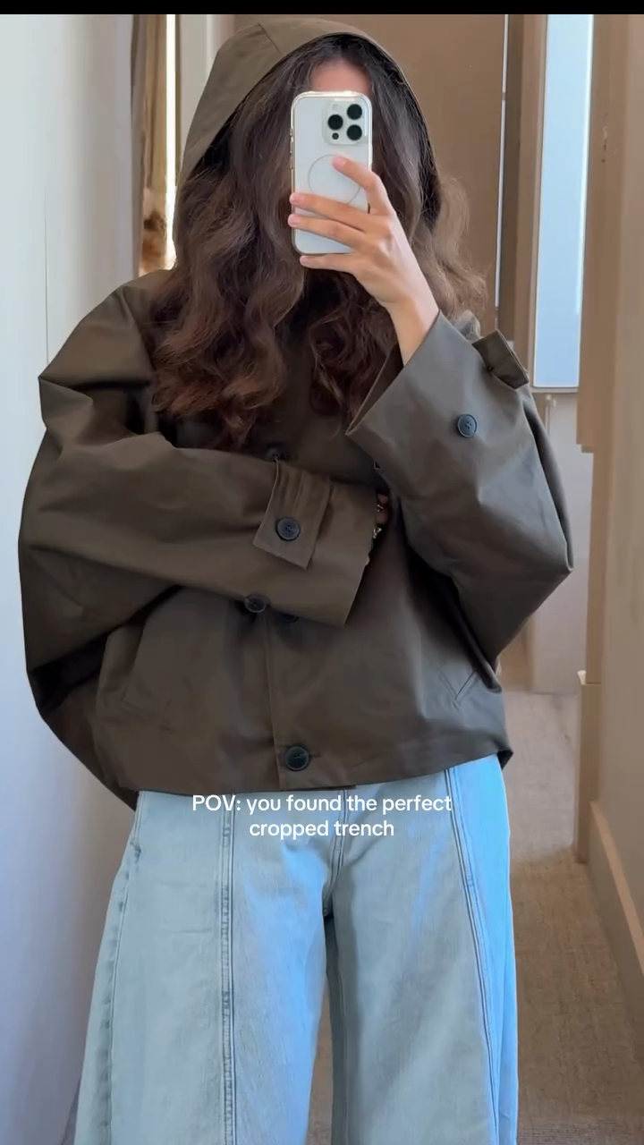 Olive Green Hooded Cropped Trench Coat