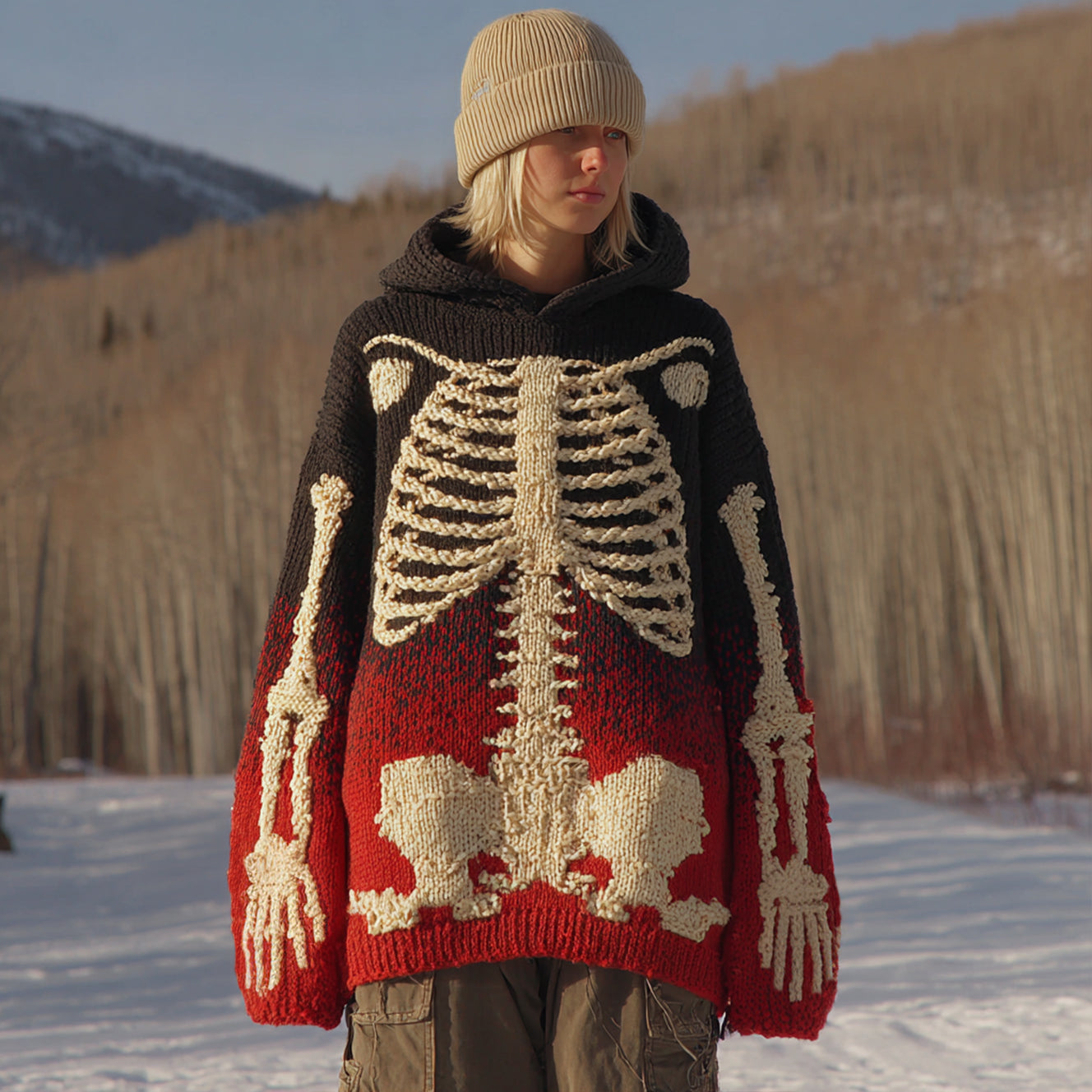 Vintage Halloween Anatomy Gradient Chunky Knitted Hooded Sweater