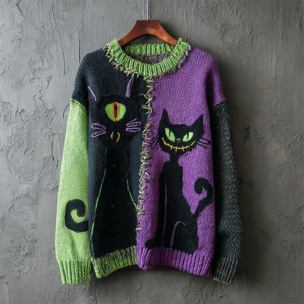 Halloween Monster Black Cat Color Blocking Women's Knitted Sweater