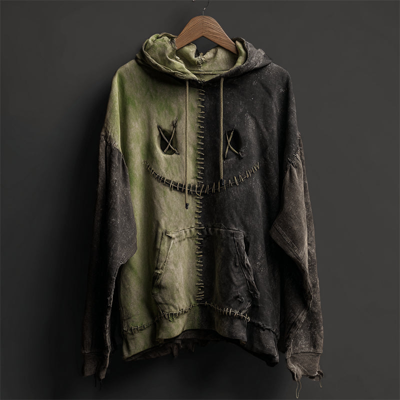 Halloween Monster Face Contrast Patchwork Washed Hoodie