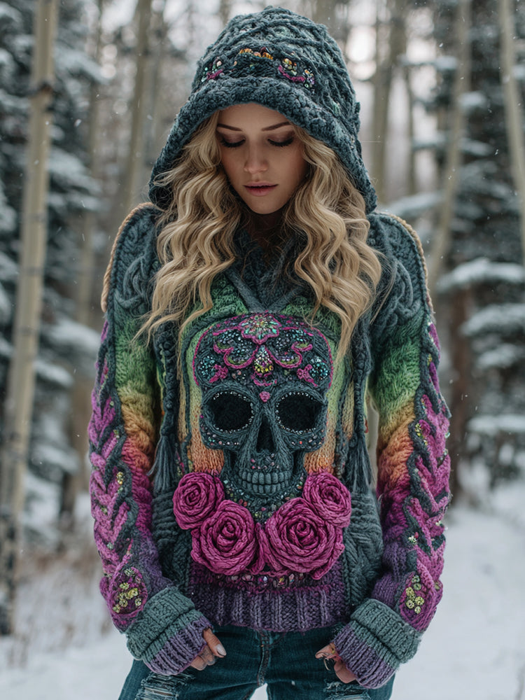 Women's Viking Tribal Jacquard Celtic With Rose And Skull Inspired Chunky Knit Hooded Sweater