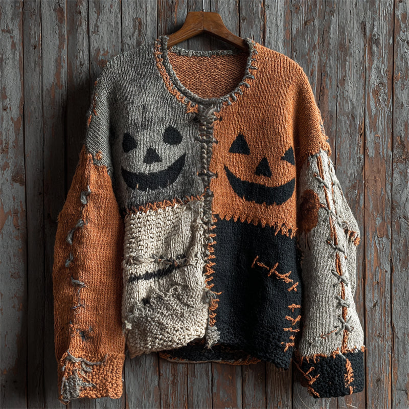 Halloween Pumpkin Face Colorblock Stitched Cozy Knit Sweater