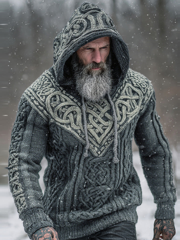 Men's Viking Tribal Jacquard Celtic Knotwork Inspired Chunky Knit Hooded Sweater