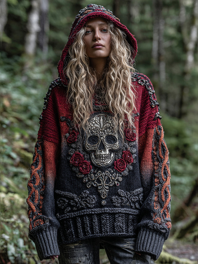 Women's Viking Tribal Jacquard Celtic With Red Rose And Skull Inspired Chunky Knit Hooded Sweater