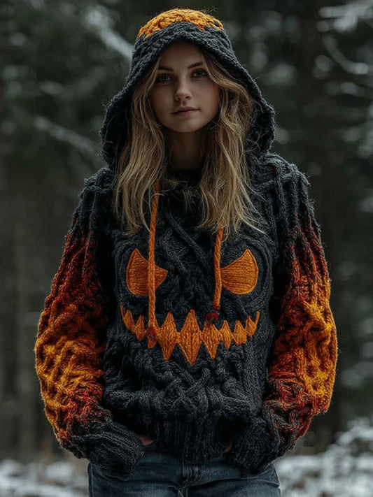 Women's Halloween Spooky Pumpkin Art Gradient Vintage Cozy Knit Hooded Sweater