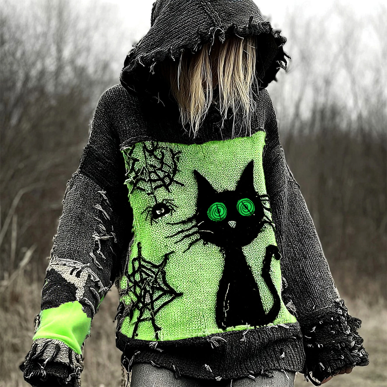 Halloween Scared Black Cat Patchwork Stitched Cozy Knit Hooded