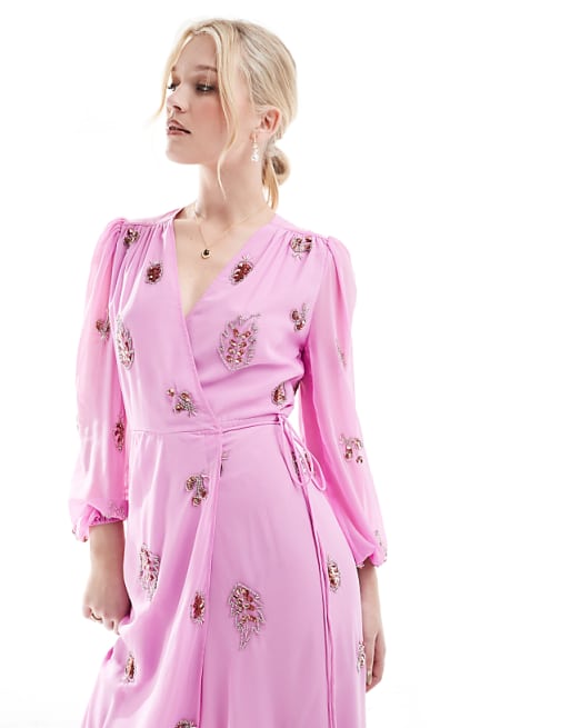 Pink Embroidered Wrap Dress with Puff Sleeves