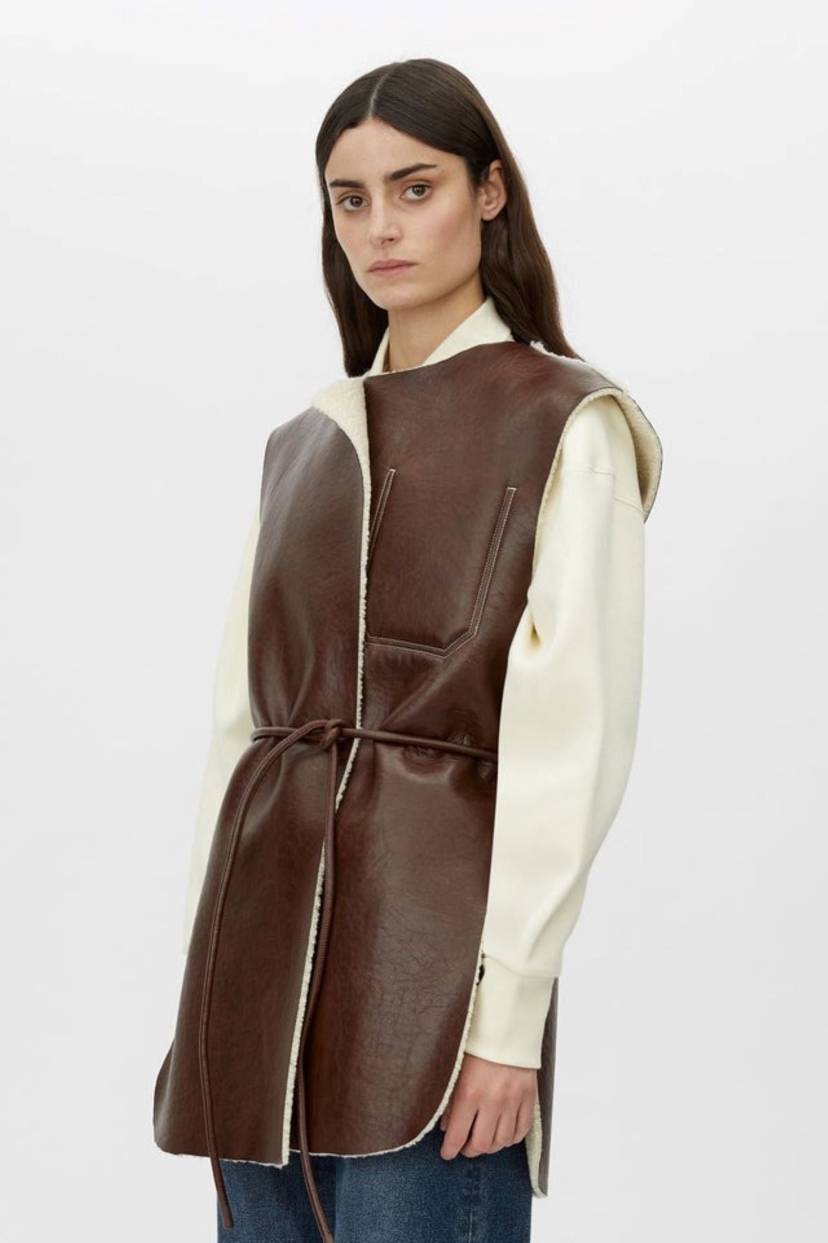 Brown Leather and Wool Trimmed Vest