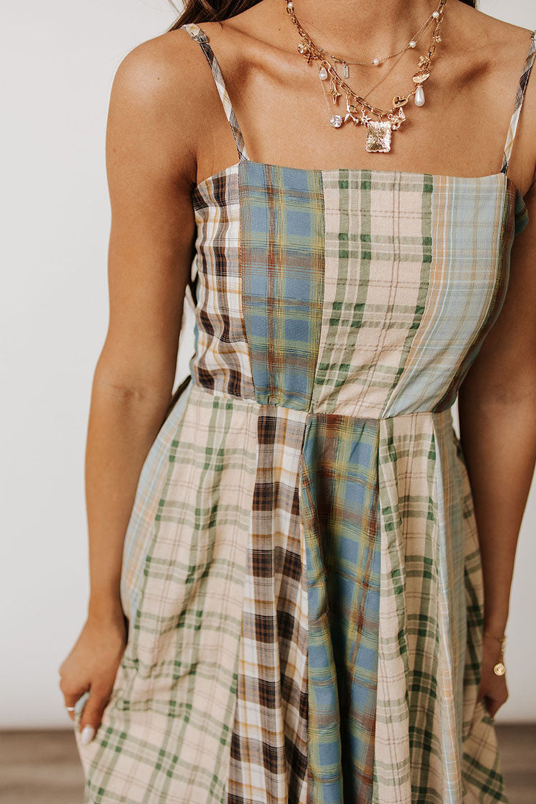 Plaid Patchwork Spaghetti Strap Midi Dress