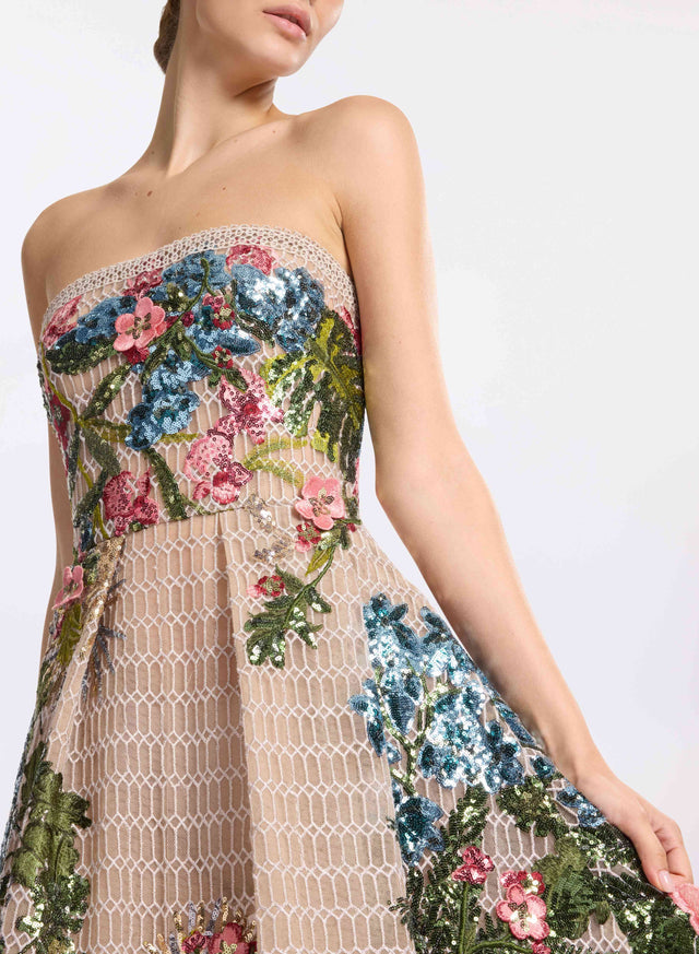 Floral Embroidered Strapless Maxi Dress