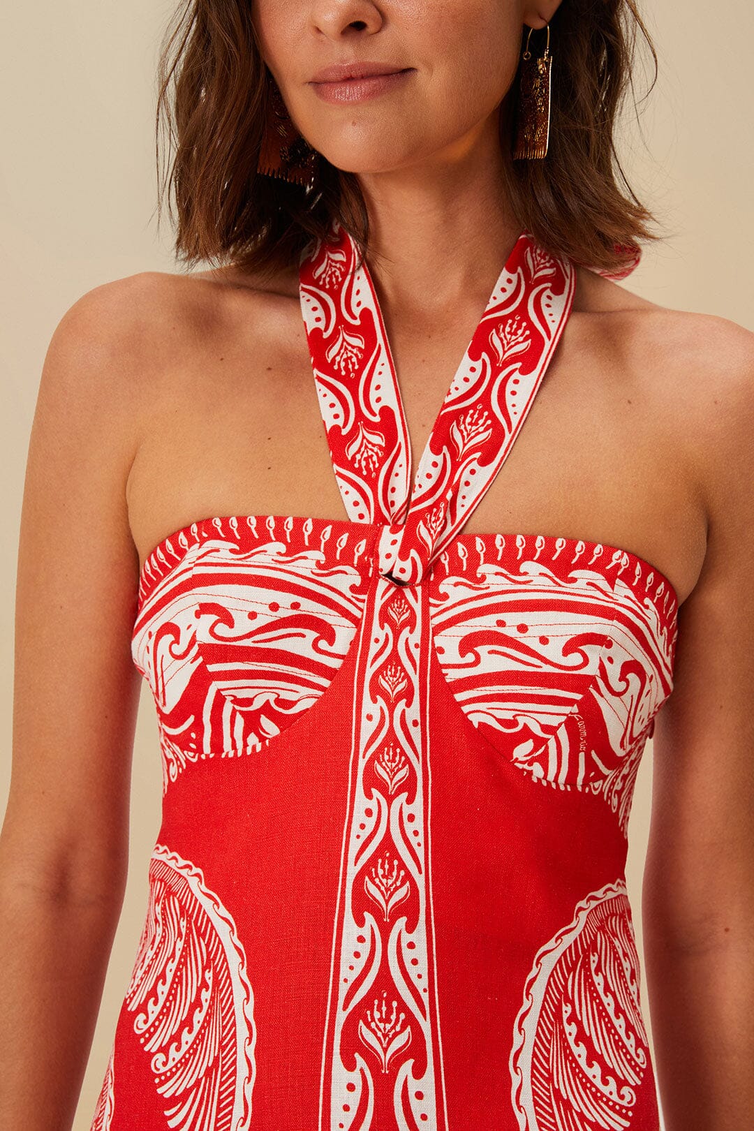 Red Halter - Neck Mini Dress with White Pattern and Fringe Detail