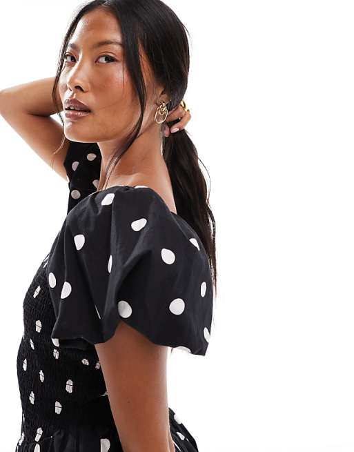 Black Polka - dot Puff - sleeve Mini Dress