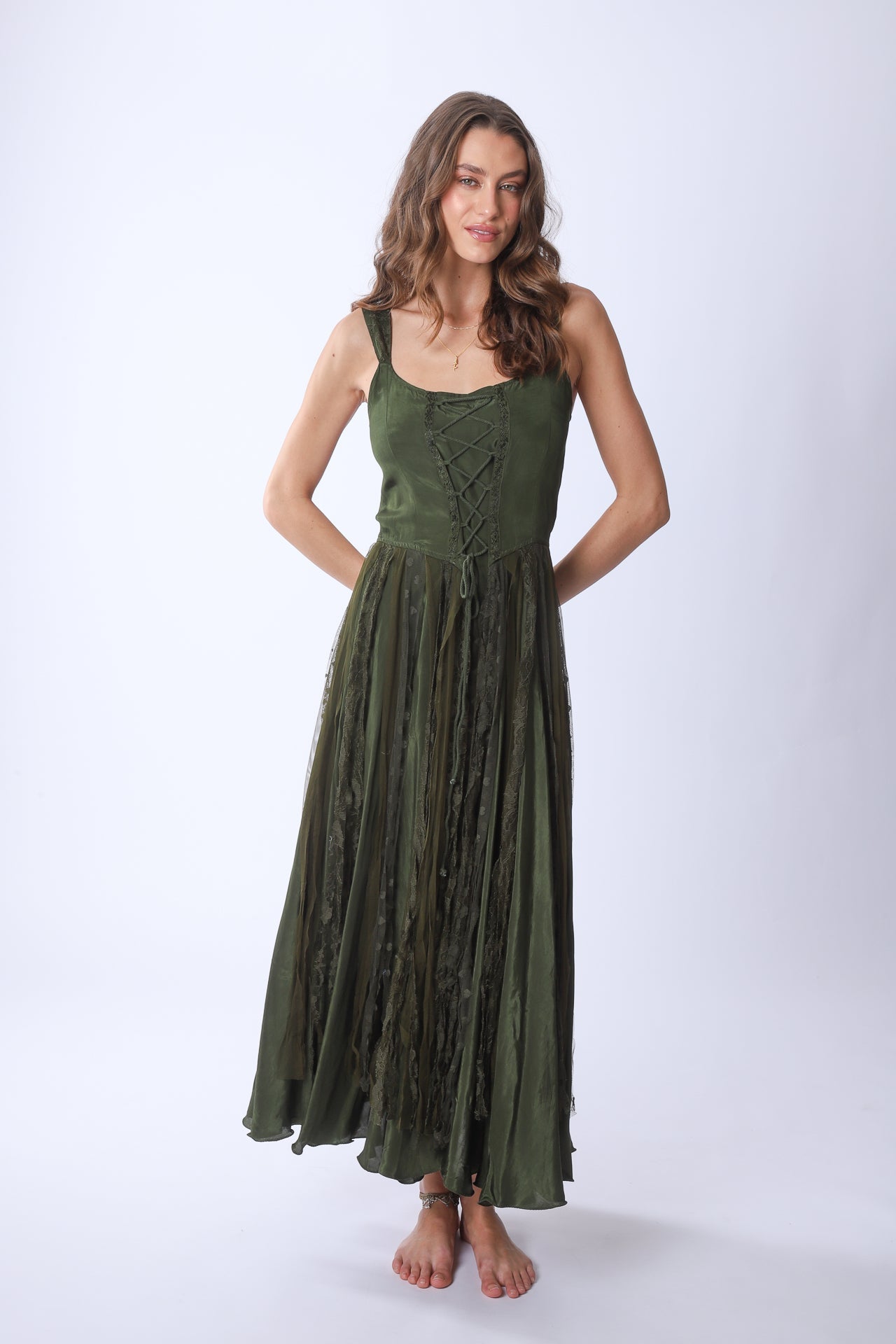 Olive Green Lace - up Corset - style Maxi Dress