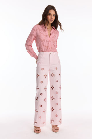 Denim Wide - Leg Jeans with Embellished Cut - Out Floral Details