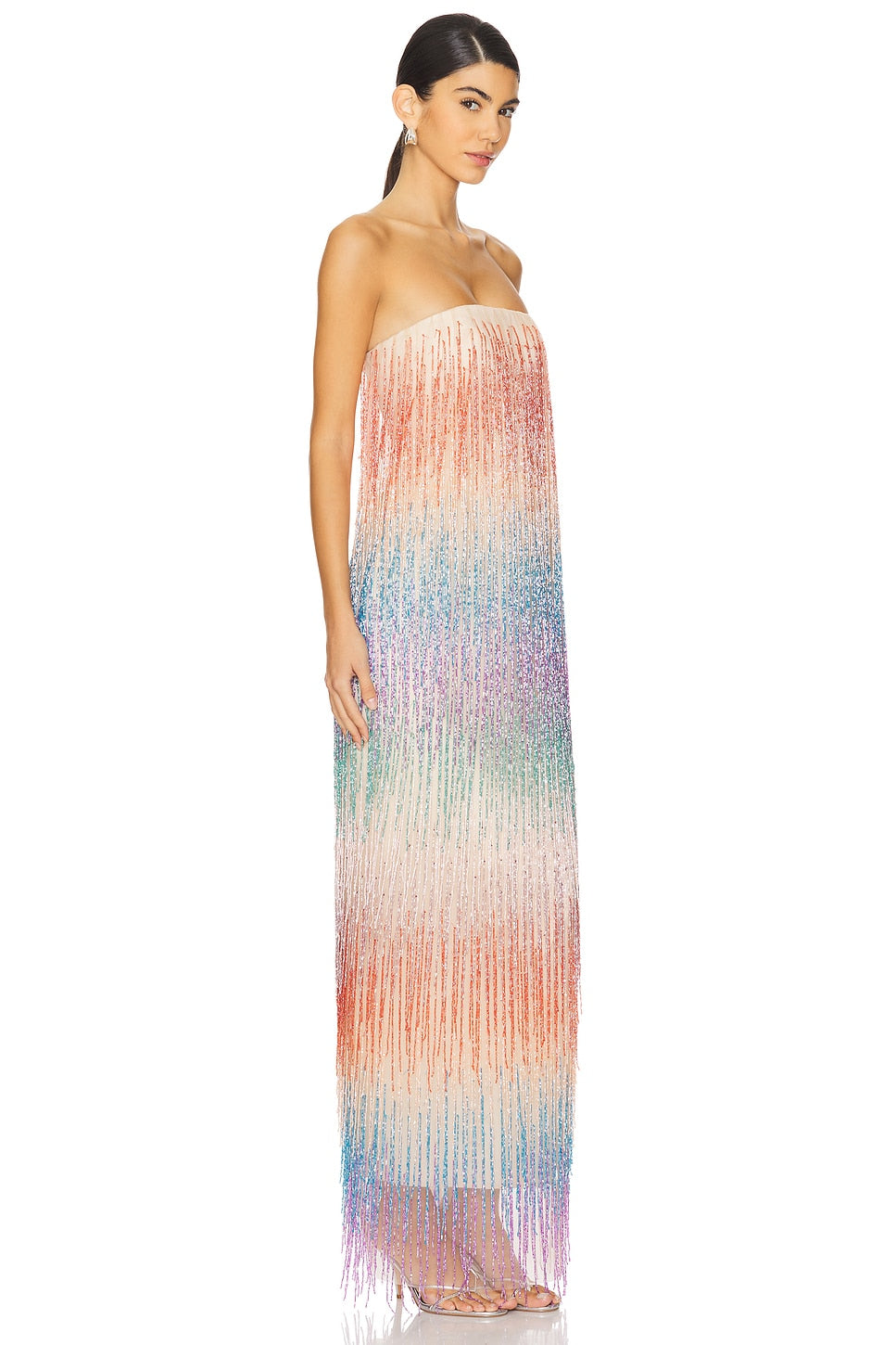 Rainbow Fringe Strapless Maxi Dress