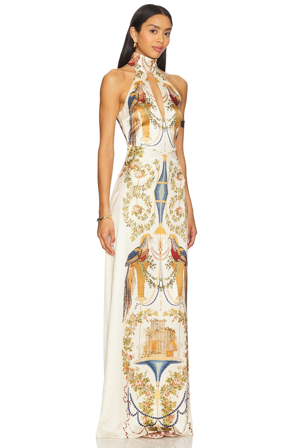 White Halter Neck Maxi Dress with Exotic Print
