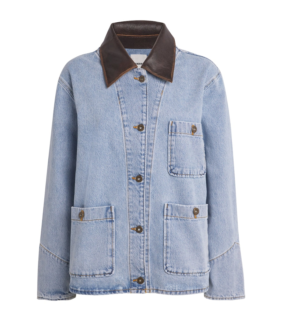 Light Blue Denim Jacket with Leather Collar