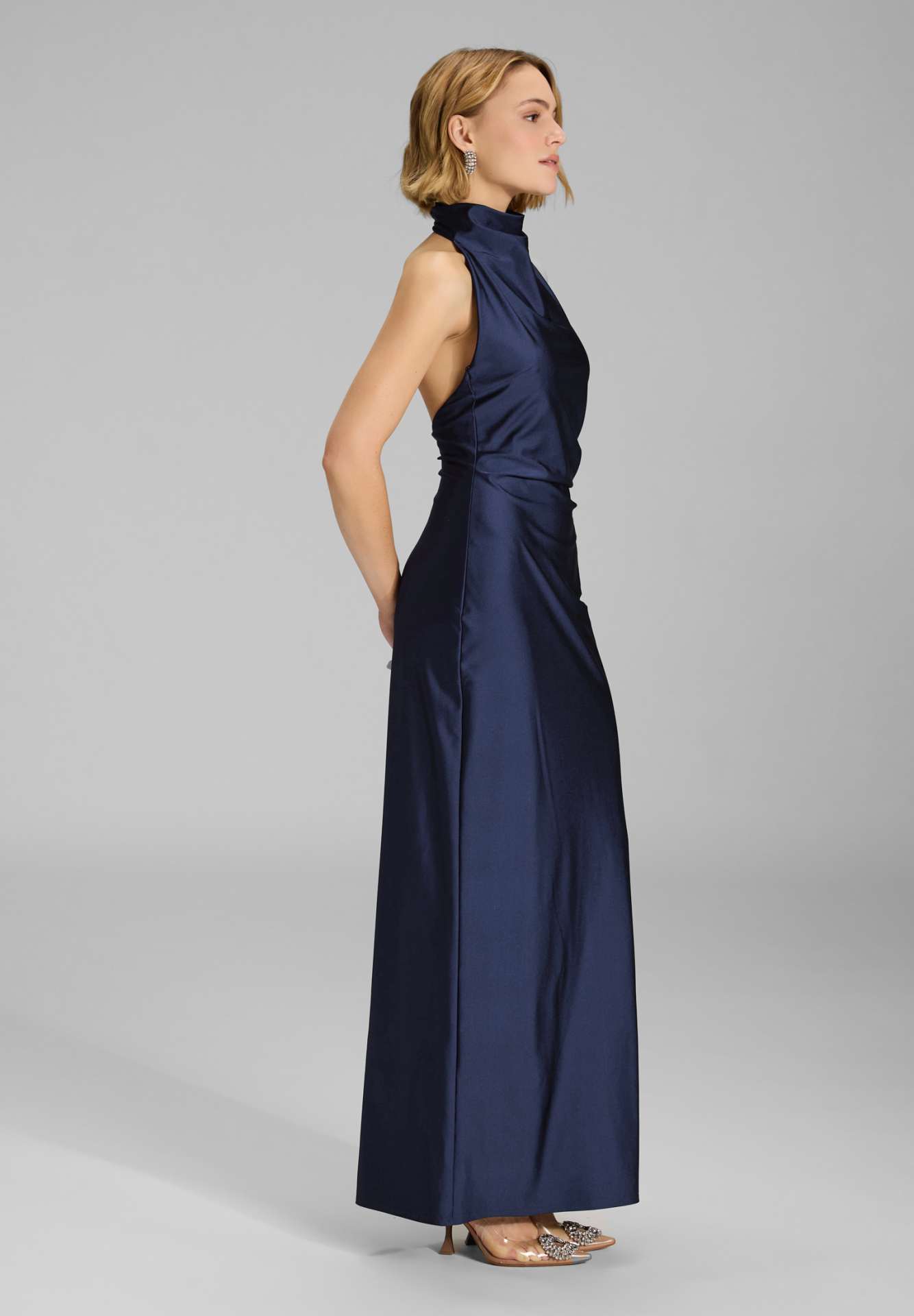 Navy Blue Satin Halter Neck Maxi Dress