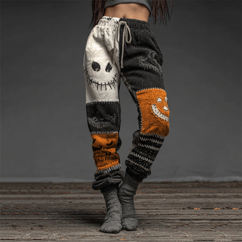 Halloween Spooky Faces Contrast Patchwork Washed Sweatpants
