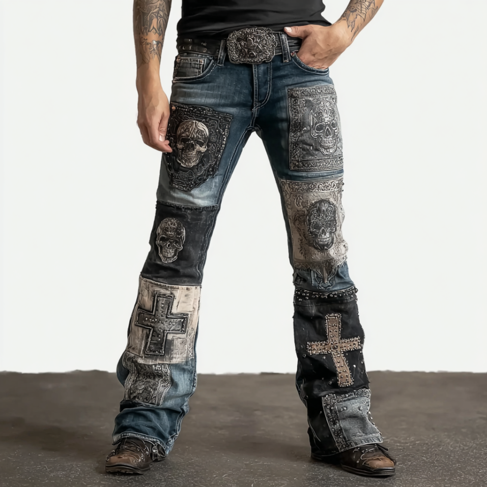 Rock Punk Skull Cross Element Retro Distressed Heavy Workwear Men's Denim Long Pants