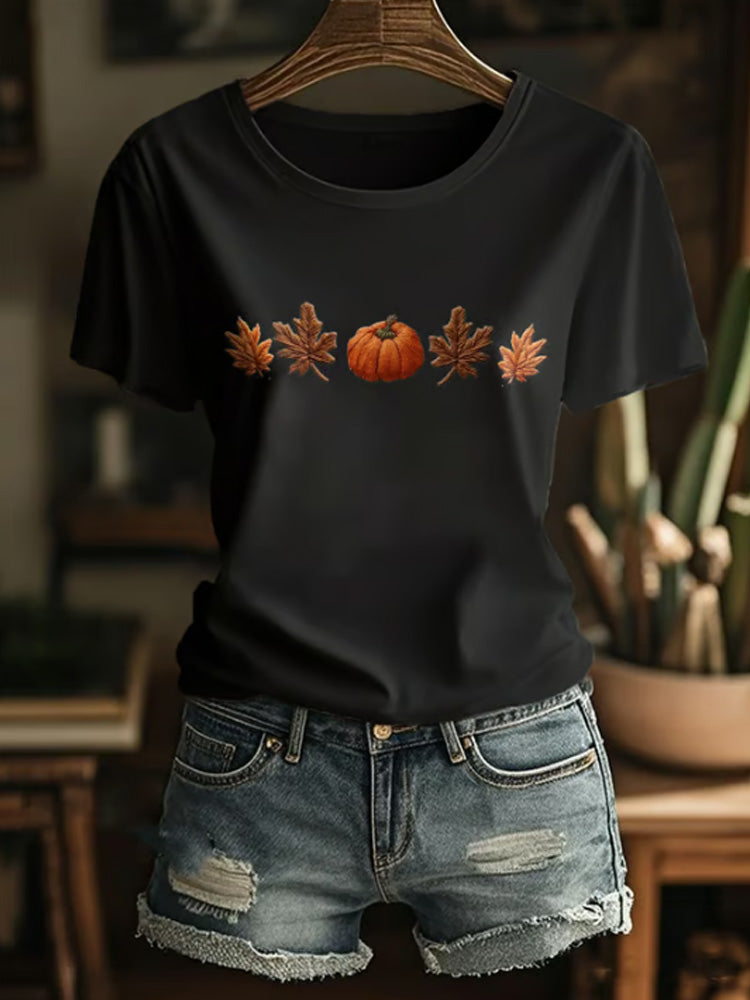 Women's Casual Retro Autumn Pumpkin Maple Leaf T-shirt