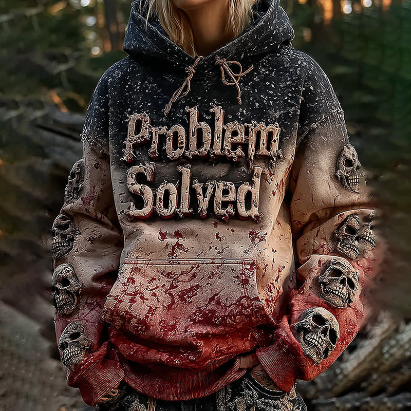 Unisex Vintage Bloody "problem Solved" With Skull Art Hoodie