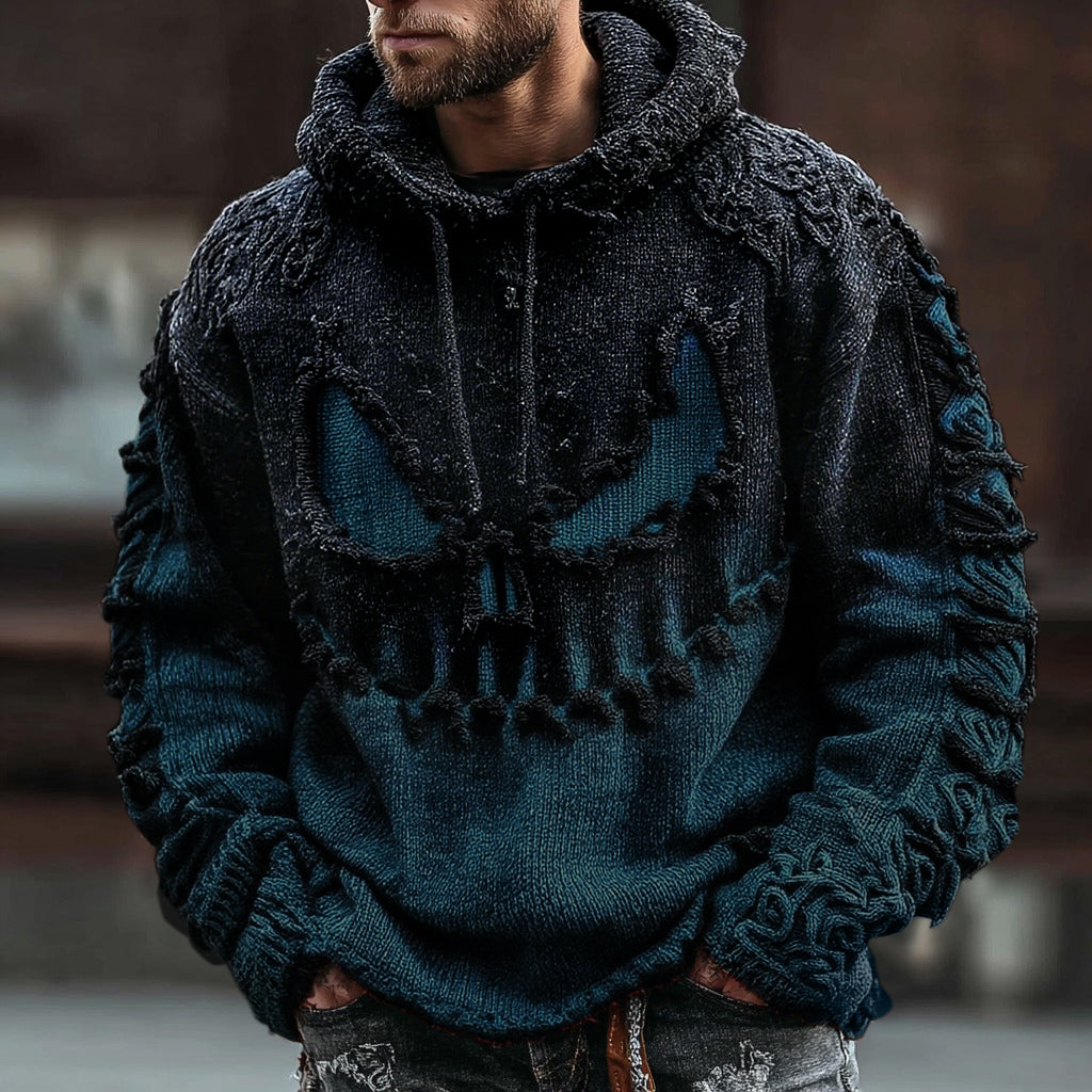 Men's Halloween Spooky Face Gradient Inspired Knitted Distressed Hooded Sweater