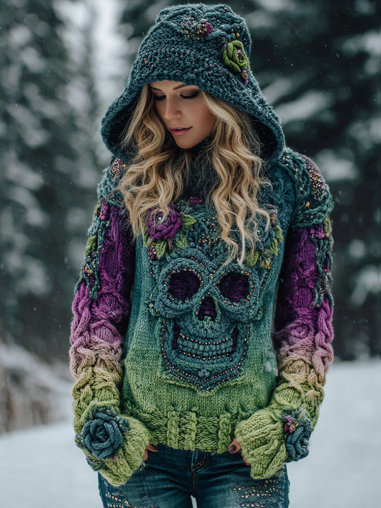Women's Viking Tribal Jacquard Celtic With Rose And Skull Inspired Chunky Knit Hooded Sweater