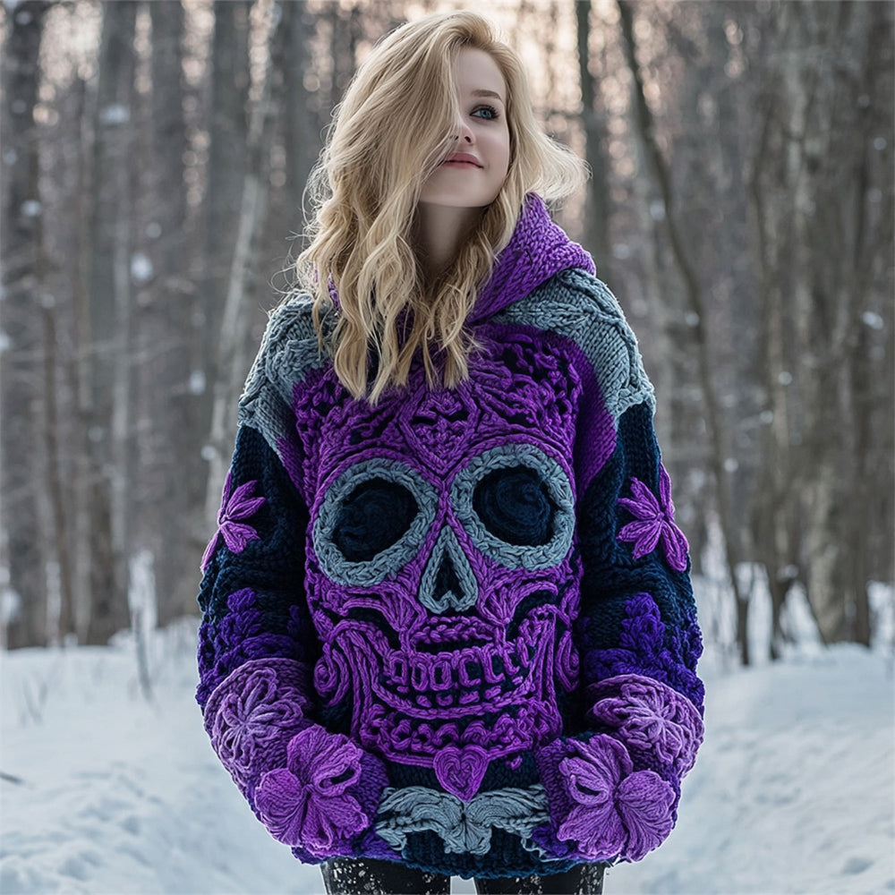 Quirky Skull & Flower Women's Chunky Knit Hooded Sweater