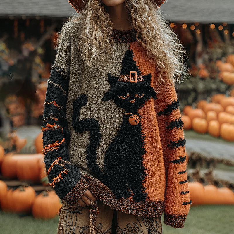 Halloween Cute Witch Cats Art Cozy Knit Sweater