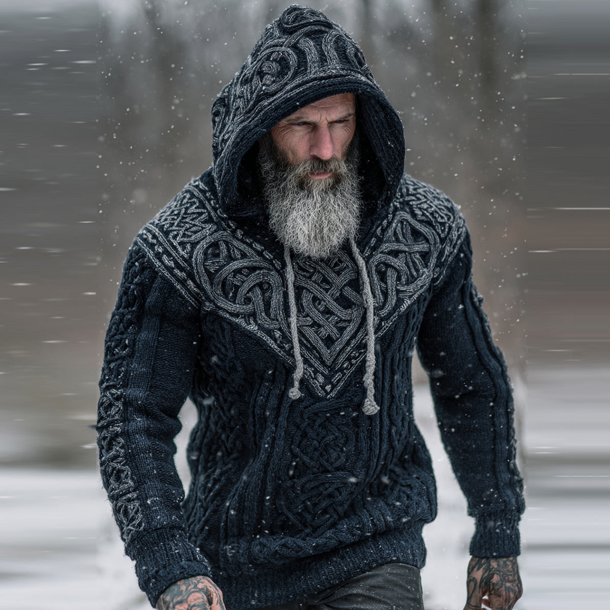 Men's Viking Tribal Jacquard Celtic Knotwork Inspired Chunky Knit Hooded Sweater