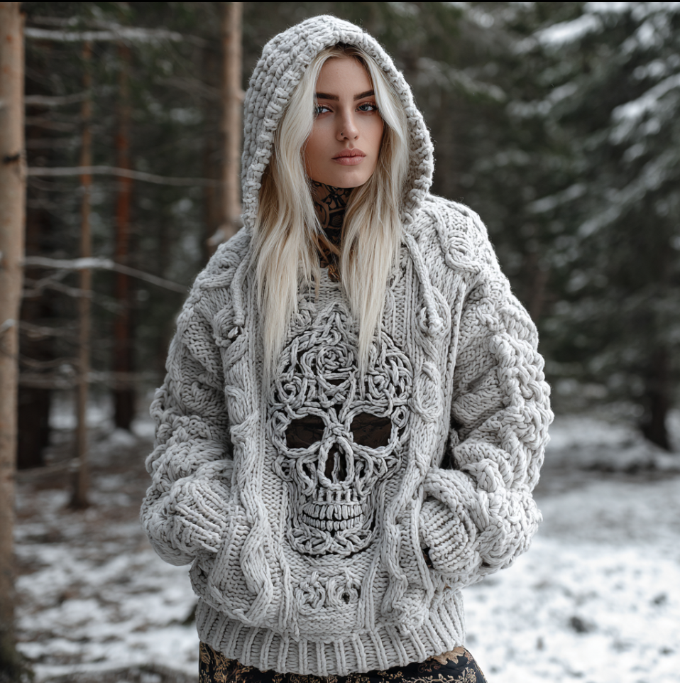 Halloween Skeleton Element Viking Style Women's Hooded Pullover Knit Sweater