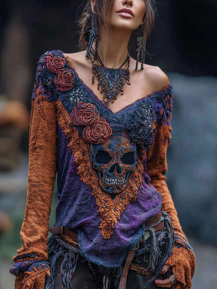 Vintage Rose Skull Rhinestone Contrast V Neck T-shirt