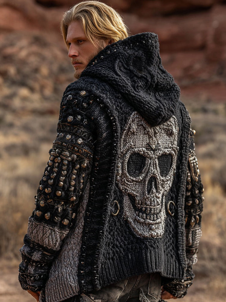 Men's Dark Style Skull Inspired Knitted Cozy Zipper Up Hooded Cardigan