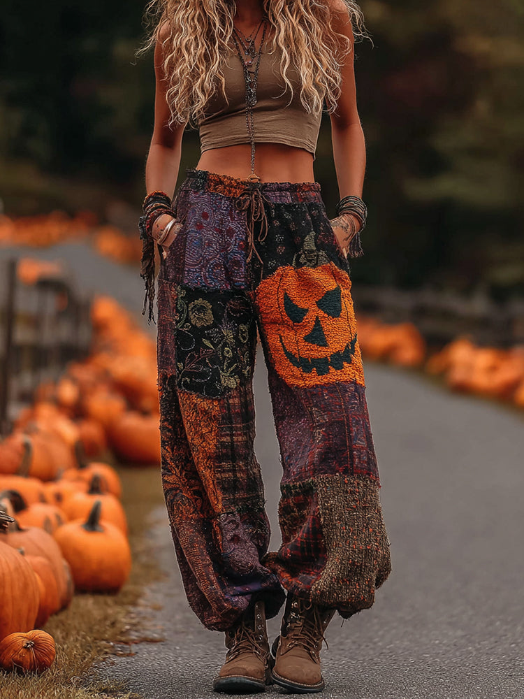 Vintage Halloween Themed Pumpkin Embroidered Linen Pants