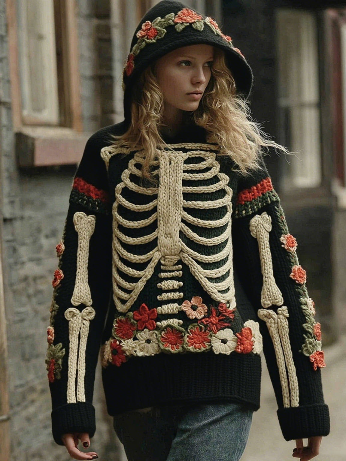 Vintage Halloween Anatomy With Floral Art Chunky Knitted Hooded Sweater