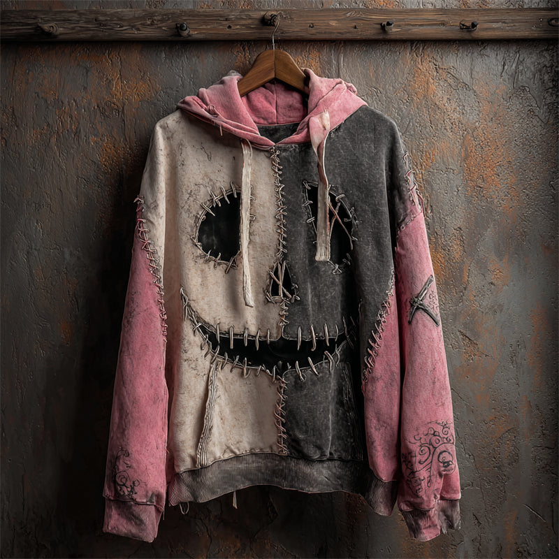 Halloween Pumpkin Face Contrast Stitched Washed Hoodie