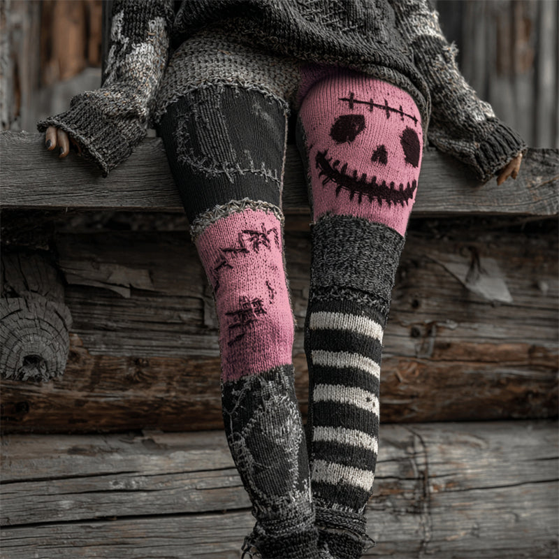 Halloween Stitched Face Contrast Patchwork Cozy Knit Leggings