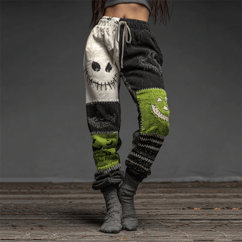 Halloween Spooky Faces Contrast Patchwork Washed Sweatpants