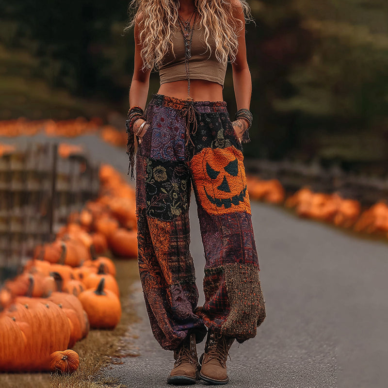 Vintage Halloween Themed Pumpkin Embroidered Linen Pants