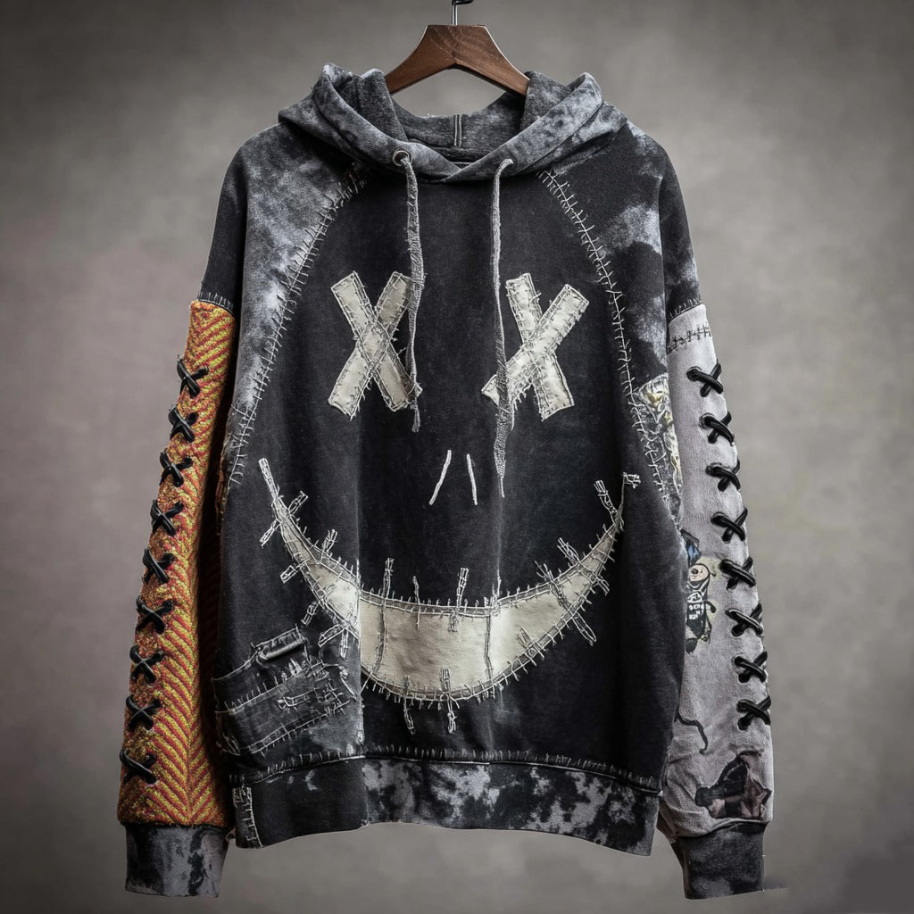 Men's Halloween Smiley Face Stitched Contrast Graphic Warm Hoodie