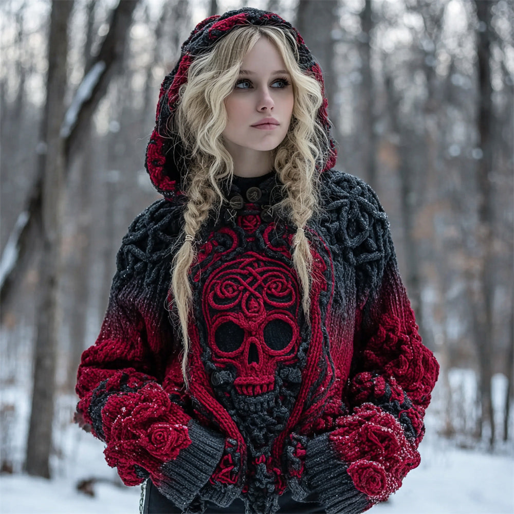 Halloween Skull Gothic Women's Hooded Chunky Knit Sweater
