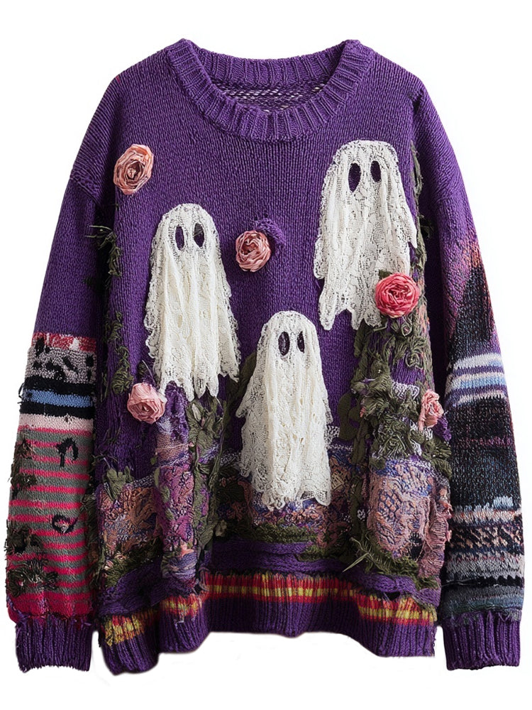 Vintage Ghost & Roses Embroidered Patchwork Cozy Knitted Sweater