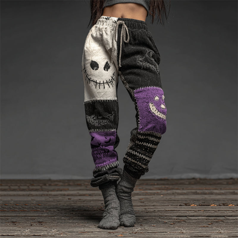 Halloween Spooky Faces Contrast Patchwork Washed Sweatpants