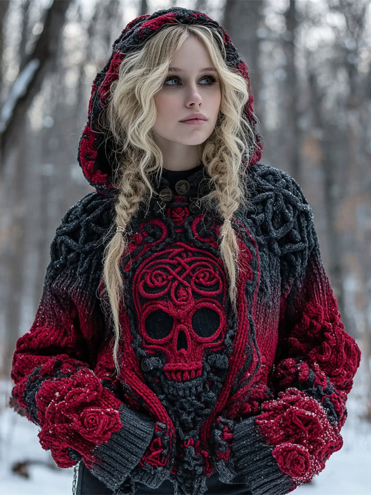 Halloween Skull Gothic Women's Hooded Chunky Knit Sweater