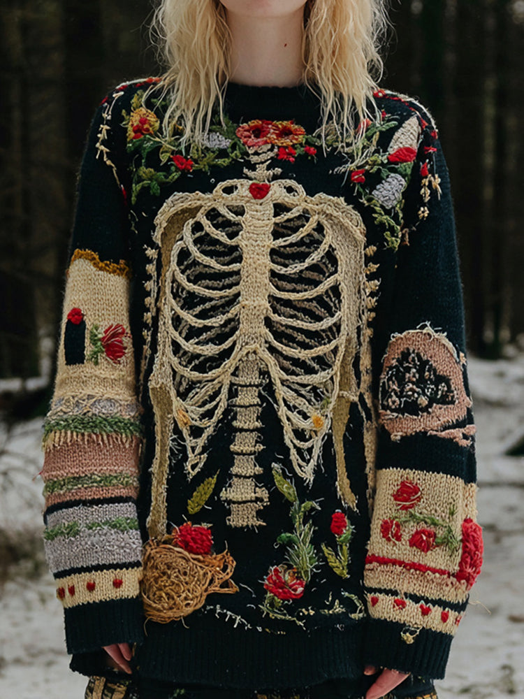 Women's Vintage Halloween Skull Floral Pattern Knit Sweater
